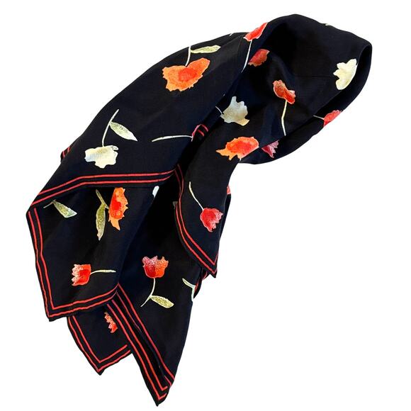 Silky Scarf Black & Multicolor floral neckerchief red green yellow small square - Picture 6 of 6